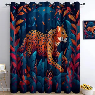 Generisch Verdunklungsvorhänge für Leopard, 100 x 178 cm (B x H), für Jungen Mädchen, Blickdichte Gardinen Ösenpaar, Zeichentrickfilm Dschungel Gepard Vorhänge für Kinderzimmer