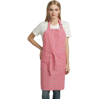 Jennice House Gingham Schürzen Vintage Chef Bib Check Schürzen aus reiner Baumwolle (Rot)