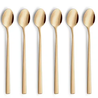 Beckmann & Rommerskirchen VISTA Longdrinklöffel/Latte Macchiato Löffel Set 6-teilig | PVD Gold | Edelstahl Matt | Lange Löffel für Latte Macchiato| Kaffeelöffel lang | Barlöffel