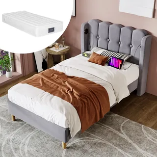 MODFU Polsterbett Funktionelles 90x200 cm mit USB Typ C Ladefunktion, Einzelbett Jugendbett mit Lattenrost, Samtstoff Grau(Mit Matratze) - Grau