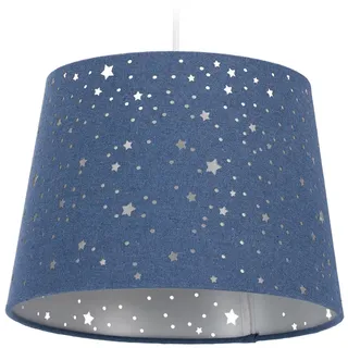 Relaxdays Kinderzimmerlampe Sterne, hängende Schirmlampe für Jungen, Sternenhimmel Motiv, E27, runder Stoffschirm, blau,