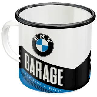 Nostalgic-Art Retro Emaille-Tasse, 360 ml, BMW – Garage – Geschenk-Idee für BMW Accessoires Fans, Original Lizenzprodukt (OLP), Camping-Becher, Vintage Design