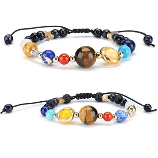 2 X Galaxy Sonnensystem Armband Universum Neun Planeten Stern Naturstein Perlen Justierbare Armbänder Armreifen