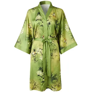 Ledamon Damen Kimono Kurz Robe für Frauen - Pocket Floral Bademantel Nachthemd (Grün/Gelb)