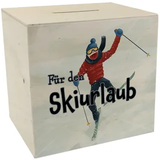 Spardose aus Holz mit lustigem Skifahrer-Motiv und Spruch - Für den Skiurlaub als lustiges Geschenk für Skifahrer die etwas Geld für den nächsten Skiurlaub oder die Liftkarte