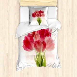 ABAKUHAUS Blumen Mantele, Aquarell-Tulpe-Blumenstrauß, Milbensicher Allergiker geeignet mit Kissenbezügen, 135 cm x 200 cm - 80 x 80 cm, Rosa Coral Grün