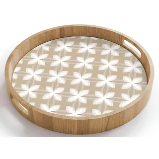 OnlyWow© Holztablett Küchentablett Servier Tablett Eiche Serviertablett | 40x40 cm - Rund - Eichenholz Servierplatte Mit Henkel Kaffeetablett Muster - Symmetrisch - Beige
