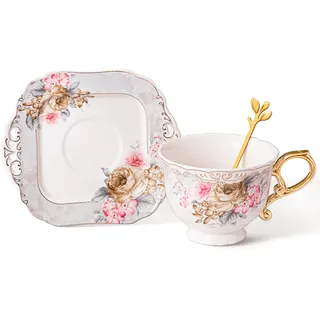 fanquare 200ml Graue Teetasse mit Untertasse Set, Porzellan Kaffeetasse mit Großem Henkel, Quadratische Untertasse mit Goldrand