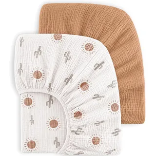 Bearmoss 2er Set Kinder Spannbettlaken,Musselin-Bettlaken 100% Baumwolle Baby-Bettlaken 60x120cm Reisebett Spannlaken Beistellbett Leintücher (Braune Sonne, 60x120cm)