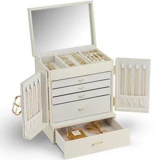 VLANDO Schmuckkasten Groß, Französisches Schmuckkästchen 6 Ebenen, Schmuck Organizers Groß XXL mit Spiegel, Schubladen, Schmuckaufbewahrung Damen, Schmuckschatulle für Ohrring, Ketten, Uhren,(Beige)