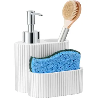Shinowa Seifenspender mit Schwammhalter, Marmor Look flüssige Hand und Dish Seifenspender und Schwamm Caddy mit Bürstenhalter, 3 in 1 Countertop Veranstalter für Küche und Bad
