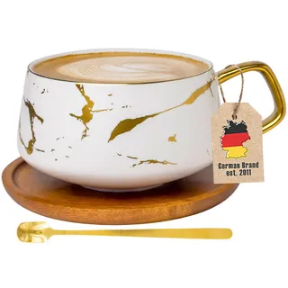 Intirilife Kaffeetasse Marmor Design 200 ml mit Untersetzer , Keramik , 2-teilig , 0.2 L , 13x6.3x13 cm , leicht zu reinigen , Geschirr, Tassen, Tassen Sets