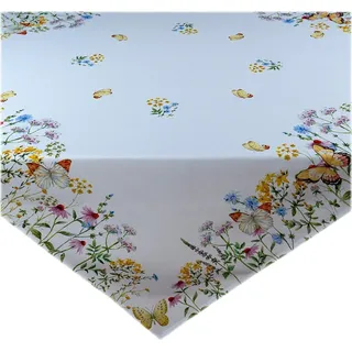 Tischwäsche mit Motiv Frühlingsblumen und Schmetterlinge 110 x 110 cm - Beige