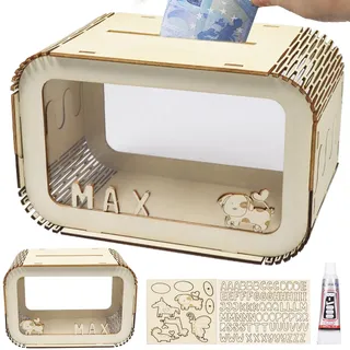 Spardose Holz, Spardose Personalisiert mit A-Z Buchstaben, 5 Kleinen Tieren Zubehör, Sparschwein mit Namen, DIY Acryl Sparschwein, Lustige Spardoses, Holzspardose Personalisiert