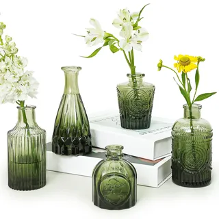 supmind Glasvasen, 5er-Set, grüne kleine Blumenvasen für Tafelaufsätze, Mini-Vintage-Vase für rustikale Hochzeit, Zuhause, Tischdekoration