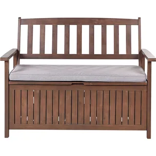 BELIANI Gartenbank Dunkelbraun Akazienholz 120 cm mit Auflage Hellgrau Armlehnen Stauraum Modern Garten Terrasse Wintergarten Ausstattung Outdoor - Braun, Grau