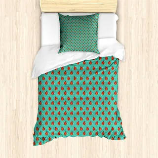ABAKUHAUS Modern Mantele, Marienkäfer Kleine Sternchen, Milbensicher Allergiker geeignet mit Kissenbezügen, 135 cm x 200 cm - 80 x 80 cm, Teal Rot Schwarz - Rot