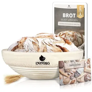 Exitoso Gärkörbchen rund 1kg aus Peddigrohr Ø25cm - Beige inkl. (E-Book Rezept, Leinentuch) - Brot backen mit Gärkörbchen Set - Gärkorb rund Banneton Brotbackzubehör Gärform - Garkörbe Brot Brotbacken