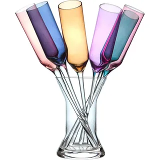 Relsy Ombre-Metallic-Glas-Champagner-Set mit Vase, Set mit 6 stilvollen, farbigen, bodenlosen Partygläsern mit Vasenhalter, perfekt für Champagner-, Wein- oder Prosecco-Partys und gesellschaftliche