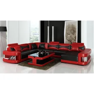 Wohnlandschaft Ecksofa U Form XXL Polster Leder - Rot, Schwarz