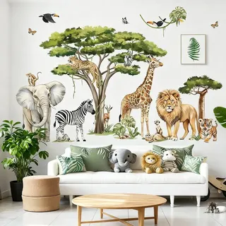 XFSRG Wandsticker Safari Tiere Baum XXL Wandtattoo mit Giraffe Elefant Löwe Tiger Zebra und Pflanzen Selbstklebende Deko für Kinderzimmer Kindergarten Spielbereich