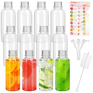 Mooshy 12 Stück Kleine Plastikflaschen zum Befüllen, Wiederverwendbare Leere Saftflaschen Zum BefüLlen mit Auslaufsicheren Deckeln Bürste Trichter für Mini-Kühlschrank Smoothies Juicer Shots (60ml)