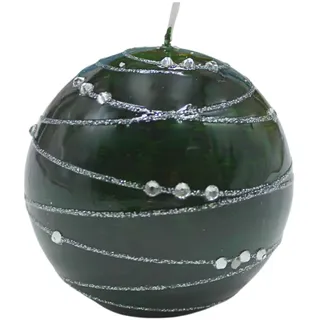Dekohelden24 Edle Kugelkerze, Tischkerze, Dekokerze, Wachskerze mit Edelsteinmotiv, Dekoschalenkerze als Kugel 8 cm Silberstreif, in dunkelgrün.