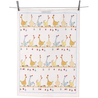 Halbleinen Geschirrtuch, TRIOLINO®, Druckmotiv "Hühner auf der Stange", Format 50/70