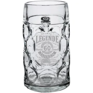 LUXENTU Maßkrug mit Gravur, Legende seit 60 Jahren, 1,0 l | Personalisiertes Bierglas mit Jubiläum & besondere Anlässe, Henkelkrug mit Lasergravur-Veredelung, geeicht, Spülmaschinenfest