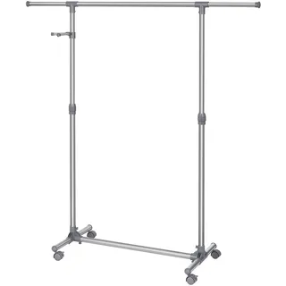 SONGMICS Kleiderständer, Garderobenständer auf Rollen, Rohre mit Edelstahlbeschichtung, mit ausziehbarer Kleiderstange, seitliche Haken für Accessoires, höhenverstellbar 97-165 cm, grau LLR01G, 150 x 44 x 165 cm