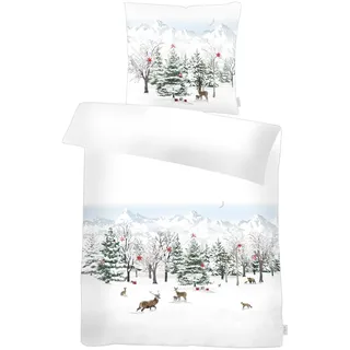 APELT Bettwäsche "Anton Flanell", grün (weiß, grün), B/L: 135cm, 1 Stk., 1 Stk., Feinflanell, B/L: 80cm x 80cm, 2 Stk., Feinflanell, Obermaterial: 100% Baumwolle, Bettwäsche, Bettwäsche, Winterlandschaft