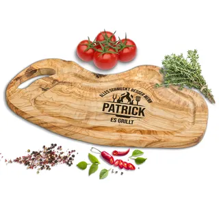ROZTFYR Schneidebrett Personalisiert | Olivenholz | Steakbrett | Grillbrett | Grill Geschenke für Männer | Grill Zubehör | Holz Schneidebrett Individuelles Geschenk Männer | Olivenholzbrett Gravur