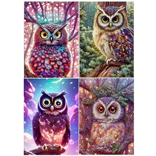 DCIDBEI 4 Pack Diamond Painting Eulen 30x40cm Malen nach Zahlen Schneeeule Diamant Painting Bilder Erwachsene Eule Perlenbilder Erwachsene Eule Wanddeko Wohnzimmer Heimdekoration Entspannend Meditativ