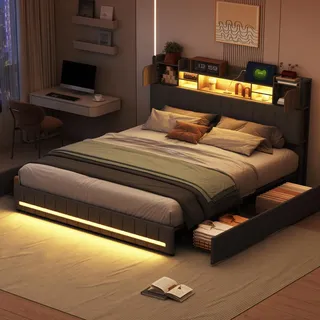 Bett (140 x 200 cm) mit LED- und USB-Kopfteil, 4 Schubladen, Lattenrost, Leinenbezug, Grau - Grau