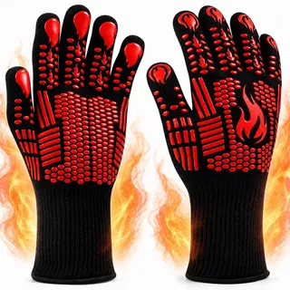 FITFETS Grillhandschuhe (Hitzebeständig), Ofenhandschuhe, rutschfeste Silikon - Feuerfeste Handschuhe, BBQ Handschuhe, Küchenkochhandschuhe