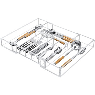 NIUBEE Acryl-Küchenschubladen-Organizer für Besteck und Utensilien, erweiterbarer Besteck-Organizer und Besteckkasten für Küche, Büro, Badezimmerbedarf, transparent, 53,3 cm