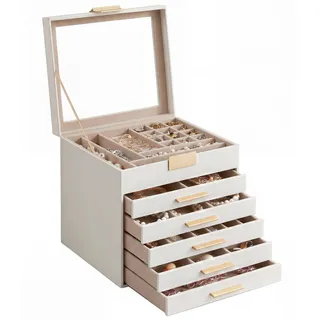 SONGMICS GISELLA Kollektion - Schmuckkästchen, Schmuckkasten 6 Ebenen, Schmuckbox mit Glasdeckel, 5 Schubladen, Schmuckaufbewahrung, Geschenkidee, 20,3 x 23,1 x 22,8 cm, wolkenweiß-golden JBC176W01