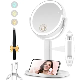MOMOKUBA Kosmetikspiegel mit Beleuchtung, Vergrößerungsspiegel mit Licht 30fach, Kosmetikspiegel mit Vergrößerung 7", Doppelseitig 3 Farben 64 Led, Schminkspiegel mit Beleuchtung 360° Drehbar, Weiß