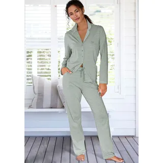 Pyjama VIVANCE DREAMS, Damen, Gr. 40/42, grün, weiß, gestreift, Single Jersey, Obermaterial: 100% Baumwolle, gestreift, Basic lang, V-Ausschnitt, eingesetzt, Homewear-Sets Pyjama, mit feinem Streifenmuster, Topseller