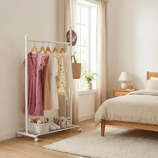 Kleiderständer auf Rollen, Kleiderstange, Garderobenstange, Garderobenständer mit Stange und Regal, bis 55 kg belastbar, 86x43x170cm, Multifunktionale Aufbewahrung, bis 55 kg Belastbar, Weiß
