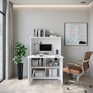 MINIO go for it, VEVE OFFICE 90, Sekretär, Schreibtisch klappbar, mit LED-Beleuchtung, modern, 90 cm, Weiß / Weiß Hochglanz Farbe - Weiß