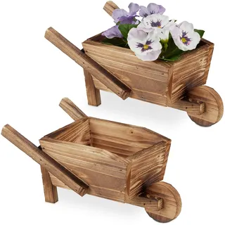 Relaxdays Pflanzschubkarre 2er Set, gebranntes Holz, Gartendeko, Vintage Design, zum Bepflanzen, HBT: 10x22x12 cm, Natur