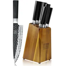 SHAN ZU Japanisches Messerset 7 teilig, Kochmesser Küchenmesser Set mit Block, 7 Schichten 9Cr18MoV-Profi Messer, Scharf Chefmesser Fleischmesser mit G10-Fiberglasgriff