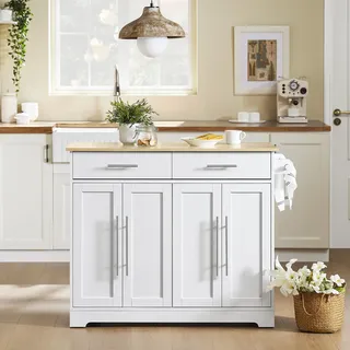 SoBuy Kücheninsel auf Rollen Servierwagen mit ausziehbarer Arbeitsplatte Rollwagen mit Schubladen Barwagen für Küche Esszimmer Frühstücksbar FKW129-WN - Weiß