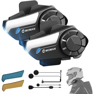 Moman Motorrad Intercom Headset, H2S 1000M Motorradhelm Kommunikationssystem ENC& DSP&CVC Geräuschreduzierung Multitasking-Audio Hi-Fi Stereo Musik Teilen FM AI Sprache IPX6 Wasserdicht (2 Pack)