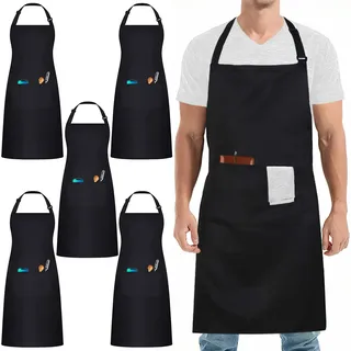 umboom 5 Stück Schwarze Weiß Kochschürzen, Verstellbar Gastronomie Schürze mit 3 Taschen für Damen Herren Küche Arbeits