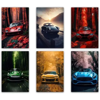 Supercar Posters Moderne Auto Leinwanddrucke Sportwagen Wanddekoration Ästhetische Autos Wandkunst für Jungen Zuhause Schlafzimmer Büro Wohnheim Zimmerdekoration (6 Stück 20 x 30 cm Ungerahmt)