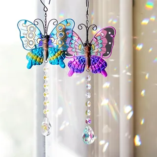 Set 2 Metall-Schmetterling-Sonnenfänger für Fenster – 35,6 cm Außenzaun-Wandkunst-Dekor, Regenbogenprismen, Sonnenfänger mit Kristallen, zum Aufhängen für Haus, Garten, Ornament