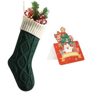 meioro Weihnachtsstrümpfe, 46cm Großes Kabel Gestrickte Weihnachtssocke, Farbe-Kontrast Weihnachten Strumpf Deko für Kamin Family Holiday Party Festival Dekorationen mit Grußkarte (Grün, 1 Pcs)