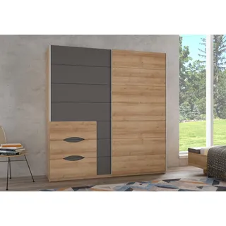 FORTE INVERELL Schrank 200, Kleiderschrank, Schwebetürenschrank Industrial Schlafzimmer 2-türig mit 3 Schubladen, Holzdekor: Riviera Eiche/Uni Wolfram Grau, 200 cm breit x 210 cm hoch x 61 cm tief